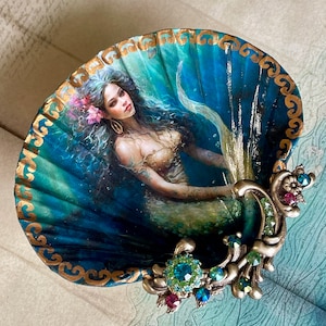 Decoupaged Mermaid Shell Jewelry Dish: Rhinestone Filigree Coastal Decor