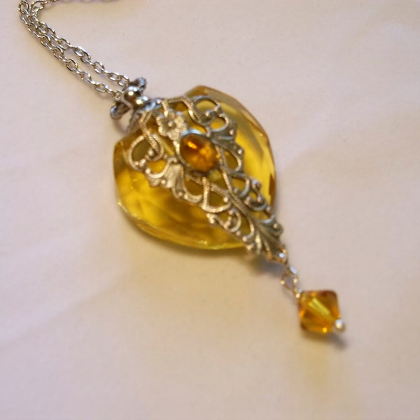 Vintage Inspired Silver Filigree And Topaz Rhinestone Heart Perfume Bottle Necklace