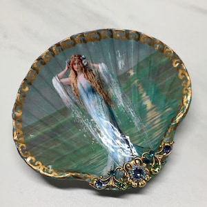 Decoupaged Shell Jewelry Dish: Goddess of the Sea, Rhinestone Accent