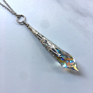 Rare Aurora Borealis Swarovski 8611 Pendulum Necklace AB Silver Plated Crystal Necklace
