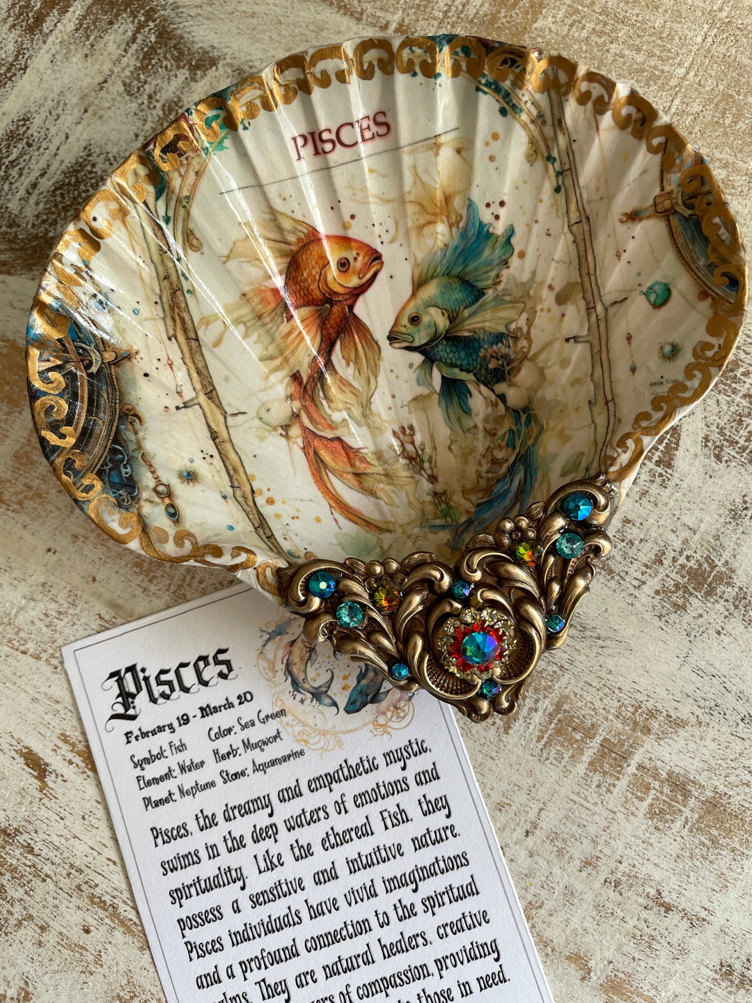 Pisces Zodiac Decoupaged Shell Ring