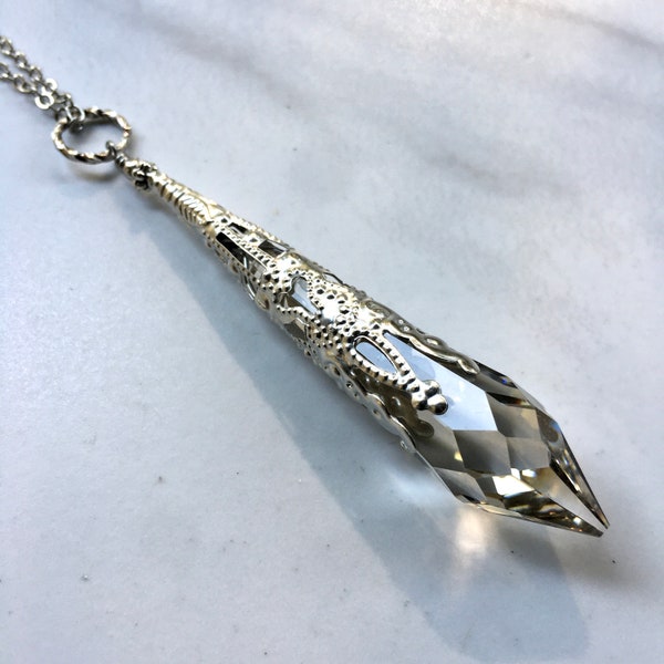 Rare Crystal silver Shade Pendulum  Swarovski 8611 Icicle Necklace Antique Silver plated Crystal Necklace