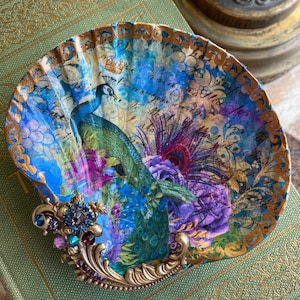 Decoupaged Shell Jewelry Dish,  Peacock And Roses Shell Jewelry,  Coastal Decor