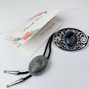 Western Bolo Tie & Belt Buckle Set, Gray Blue Stone Cowboy Accessories, Vintage Silver Rodeo Gift for Men, Southwestern Style