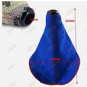 May include: A blue fabric car shift boot with red stitching. The boot is 260mm wide at the base and 220mm tall. The opening is 17mm. A close-up shows a black and white patterned section.
