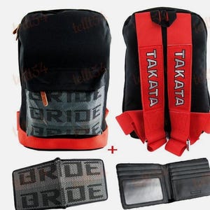 May include: Black backpack with red detailing and "TAKATA" branding on the straps. Includes a black wallet with "BRIDE" and a black bi-fold wallet.