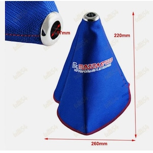 May include: Blue fabric shift boot with red stitching and a chrome ring. The boot is 220mm tall and 260mm wide, with a 7mm ring opening. The text "MAZDASPEED PERFORMANCE ACCESSORIES" is printed on the front.