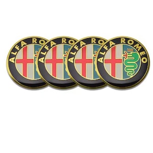 May include: Four circular Alfa Romeo emblems. Each emblem features a red cross on a white background, a green and blue background, and a gold border. One emblem has a green serpent.