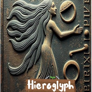 May include: A coloring book cover with a detailed, embossed design. It features a woman with flowing hair and ancient symbols. The text "Hieroglyph" is displayed, along with "HORROR LEGENDS COLORING BOOK". The color palette is primarily bronze and dark brown.