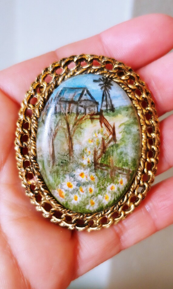 Vintage Hand Painted Farm Country Scene Setting Po