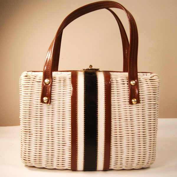 White Wicker Rattan Purse Black Stripe Box Style