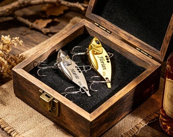 Personalized Engraved Fishing Lure Gift Set, Stainless Steel Bait with Wooden Box