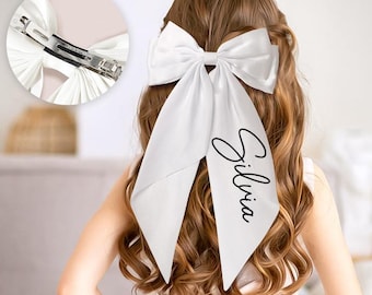 Personalized White Satin Bridal Bow, Embroidered Bride Hair Bow with Custom Name & Wedding Date,   Bridesmaid Flower Girl Gift