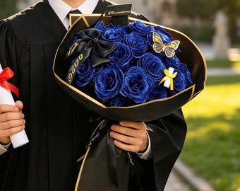 2026 Graduation Rose Bouquet Gift, Handmade Glitter Roses in Blue Pink Red, Personalized Graduation Keepsake Decor