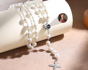 Personalized Photo Projection Pearl Rosary, Baptism Gift