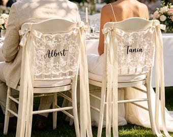 Personalized wedding chair logo, bridal lace banner, elegant sweetheart dining table decoration, wedding reception chair decoration