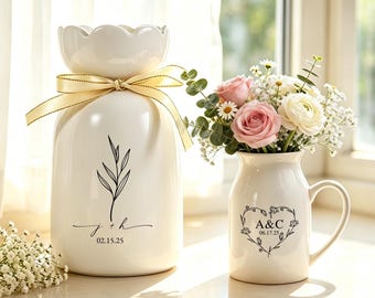 Ceramic Flower Vase with Custom Names, Personalized Wedding Gift, Engagement Gift for Newlyweds