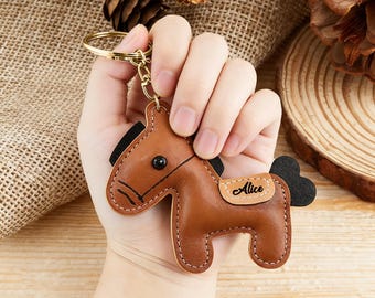 Custom Pony Charm Keychain, Personalized PU Leather Horse Bag Charm, Name Key Ring, Cute Equestrian Gift for Kids Adults