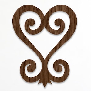 May include: A dark brown wooden wall decoration featuring the Sankofa symbol, which is characterized by a heart-shaped outline with symmetrical inward-curving spirals at the top and outward-curving spirals at the base, displaying a wood grain texture.
