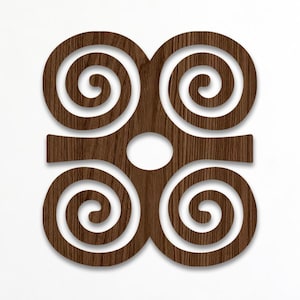 May include: A dark brown wooden wall decoration featuring a symmetrical design with four interconnected spiral motifs arranged in a square pattern, centered around a small circular cutout, showcasing a visible wood grain texture throughout.