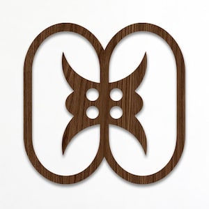 May include: A dark brown wooden wall art piece featuring the symmetrical Gye Nyame Adinkra symbol. The design consists of two interlocking oval frames surrounding a central cross-like shape with four circular cutouts, displaying a wood grain.