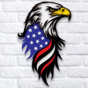 May include: A stylized eagle head design with a white head, yellow beak, and a body incorporating the American flag. The design includes the text "5 LAYERS SVG PNG DXF".