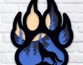 Wolf Paw Print Multilayer Svg, Howling Wolf, Nature Scene Layered Plywood, Laser Cut Files For Plasma, Paper Cutting, Digital Download.