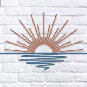 May include: A two-layer SVG, PNG, and DXF file featuring a stylized sunset over water. The sun is depicted with radiating lines in a warm brown hue, above a blue horizon line and wavy water design. The background is a white brick wall.