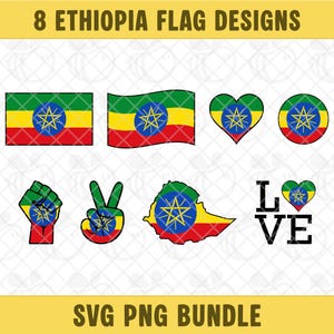 May include: A collection of eight Ethiopian flag designs in various shapes, including flags, a heart, a circle, a fist, a peace sign, a map outline, and the word "LOVE". The flags feature red, yellow, green, and a blue star.