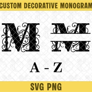 May include: Black decorative monogram designs with floral accents. The image includes the letter "M" in two styles, along with the letters "A-Z" and the text "CUSTOM DECORATIVE MONOGRAM" and "SVG PNG".