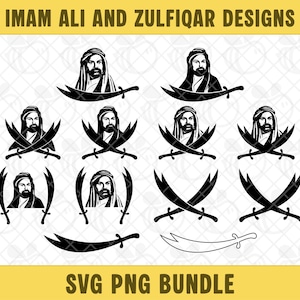 May include: Black and white SVG and PNG bundle featuring Imam Ali and Zulfiqar designs. The designs include portraits and crossed swords. The text "IMAM ALI AND ZULFIQAR DESIGNS" and "SVG PNG BUNDLE" are displayed.