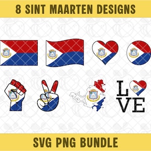 May include: A collection of eight Sint Maarten designs in red, white, and blue, including flags, hearts, and a map. The designs also include a fist, peace sign, and the word "LOVE". The text "8 SINT MAARTEN DESIGNS" and "SVG PNG BUNDLE" are displayed.