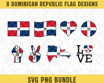 May include: Eight designs featuring the Dominican Republic flag in different shapes, including a rectangle, heart, and circle. The flags have red and blue fields with the Dominican Republic coat of arms. Text at the top reads "8 DOMINICAN REPUBLIC FLAG DESIGNS."