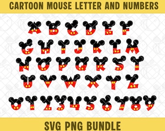 Cartoon Mouse Font: Nursery Letters and Numbers SVG PNG Bundle, Birthday Numbers Clipart, Digital Download.
