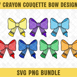 May include: Seven colorful crayon-style bow designs in yellow, purple, blue, red, blue, green, and orange. Each bow has a black outline and a crayon-like design. The text "7 CRAYON COUQUETTE BOW DESIGNS" and "SVG PNG BUNDLE" are displayed.