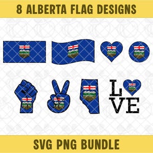 May include: A digital graphic bundle featuring 8 Alberta flag designs, including rectangular, wavy, heart, and circular shapes, a fist, a peace sign, the province outline, and the word LOVE with a heart, all displaying the blue, green, and red flag.