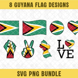 May include: A collection of eight Guyana flag designs in various shapes, including flags, circles, hearts, and hand gestures. The flags feature red, yellow, green, and black colors. Text at the top reads "8 GUYANA FLAG DESIGNS" and at the bottom "SVG PNG BUNDLE."