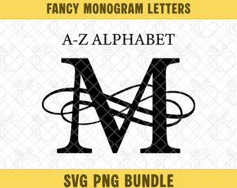 May include: Black monogram letter "M" with decorative swirls, part of an A-Z alphabet SVG and PNG bundle. The text "Fancy Monogram Letters" and "A-Z Alphabet" are at the top, with "SVG PNG Bundle" at the bottom.