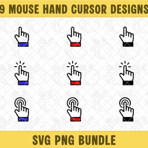 May include: Nine mouse hand cursor designs in black, red, blue, and white. The cursors are in the shape of a hand with the index finger pointing up. The text "9 MOUSE HAND CURSOR DESIGNS" is at the top, and "SVG PNG BUNDLE" is at the bottom.