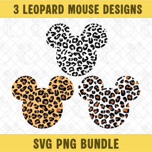 Puede incluir: Tres diseños de ratón con estampado de leopardo en blanco y negro, y tonos marrones y beige. Los diseños tienen forma de cabeza de ratón con orejas grandes. Se muestra el texto "3 LEOPARD MOUSE DESIGNS" y "SVG PNG BUNDLE".
