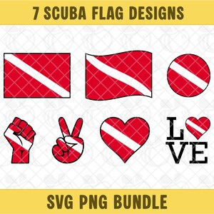 Puede incluir: Colección de siete diseños de banderas de buceo en rojo y blanco. Los diseños incluyen banderas rectangulares, onduladas y circulares, un puño, un signo de la paz, un corazón y la palabra "LOVE" con un corazón. También está presente el texto "7 SCUBA FLAG DESIGNS" y "SVG PNG BUNDLE".