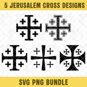 Könnte beinhalten: Fünf schwarze Jerusalemkreuz-Designs vor weißem Hintergrund. Die Kreuze haben unterschiedliche Stile, mit dem Text "5 JERUSALEM CROSS DESIGNS" oben und "SVG PNG BUNDLE" unten. Die Kreuze sind ein religiöses Symbol.