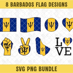 Puede incluir: Una colección de ocho diseños de banderas de Barbados en varias formas, incluyendo un rectángulo, un círculo y un corazón. Las banderas presentan el símbolo del tridente y los colores azul y amarillo. El texto en la parte superior dice "8 Barbados Flag Designs".