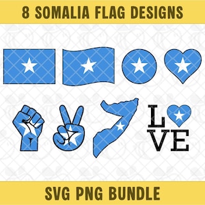 May include: A digital collection of 8 Somalia flag designs featuring a rectangular flag, a wavy flag, a circle, a heart, a raised fist, a peace sign, a map of Somalia, and the word LOVE with a heart, all in light blue with a white star.