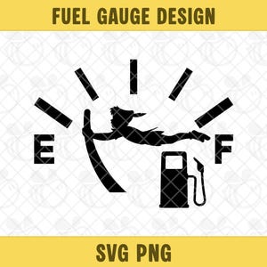 Könnte beinhalten: Schwarze Grafik eines Kraftstoffanzeigendesigns mit dem Text "FUEL GAUGE DESIGN" oben. Die Anzeige zeigt eine Silhouette von Peter Pan beim Fliegen, mit "E" und "F" für leer und voll. Der Text "SVG PNG" steht unten.