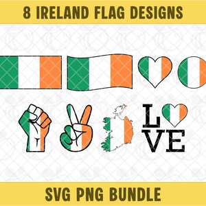 Puede incluir: Una colección de ocho diseños de banderas de Irlanda en verde, blanco y naranja. Los diseños incluyen banderas rectangulares y ondeantes, formas de corazón, un puño, un signo de la paz, un mapa de Irlanda y la palabra "LOVE" con un corazón. El texto en la parte superior dice "8 IRELAND FLAG DESIGNS".