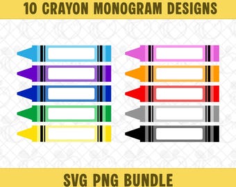10 Crayon Monograms SVG PNG Bundle, Crayon Clipart, Crayon Name Label Vector, Teacher Name Sign, Digital Download.