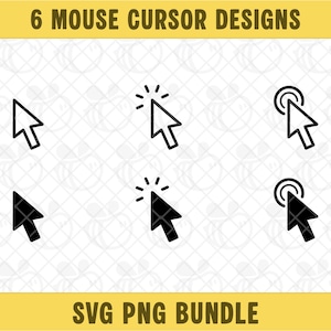 May include: Six black and white mouse cursor designs are displayed. The cursors include arrow pointers, clicking pointers with radiating lines, and clicking pointers with a circle around the cursor. The text "6 MOUSE CURSOR DESIGNS" and "SVG PNG BUNDLE" are displayed.