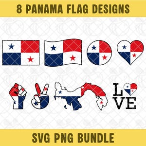 Op de afbeelding: Een verzameling van acht Panama-vlagontwerpen in verschillende vormen, waaronder rechthoeken, cirkels en een hart. De vlaggen tonen de kleuren van de Panamese vlag: rood, wit en blauw. Tekst bovenaan luidt "8 PANAMA FLAG DESIGNS" en onderaan "SVG PNG BUNDLE".