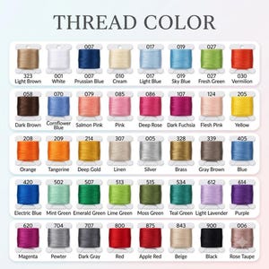 May include: A thread colour chart featuring forty-eight individual spools of embroidery thread arranged in a grid. Each spool is labelled with a unique numerical code and a corresponding colour name, including shades like white, black, red, and blue.